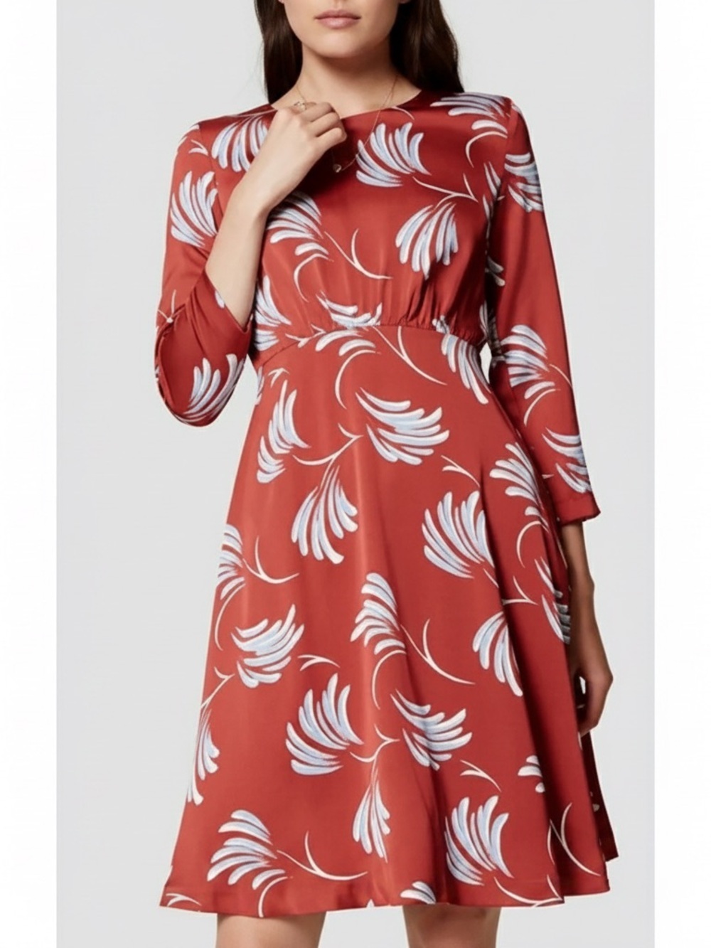 LOFT Willow Floral Flare Dress Red Orange 3/4 Sleeve 4P